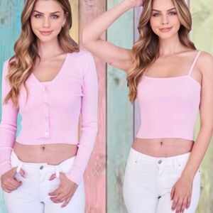 Renemed Pink V-neck Button Down Ribbed Cami & Cardigan Bundle 2 Piece Set NWT